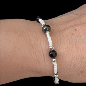 Elegant Black Crystal and White Beaded Bracelet